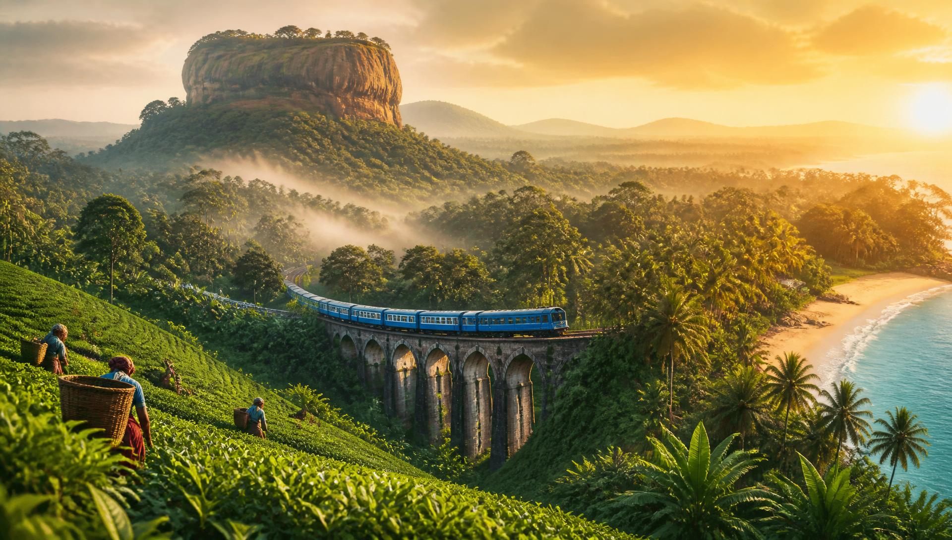 Sri Lanka — Sigiriya, tea country, Nine Arches Bridge and tropical coast at sunrise
